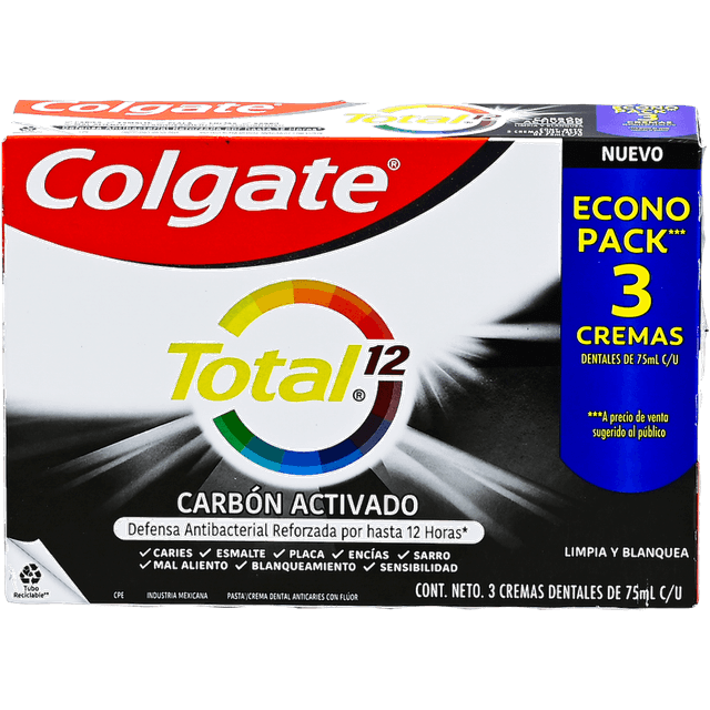 Pack Colgate Pasta Dental Total 12 Charcoal 3 x 75 ml